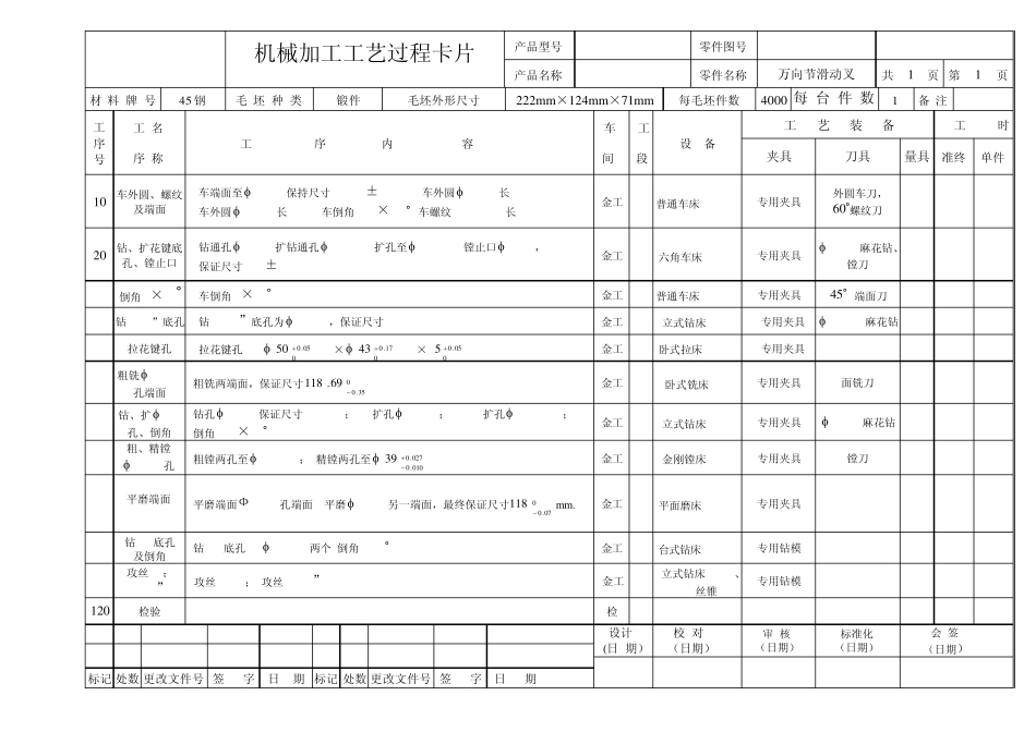 机械加工工艺卡万向节滑动叉_第1页