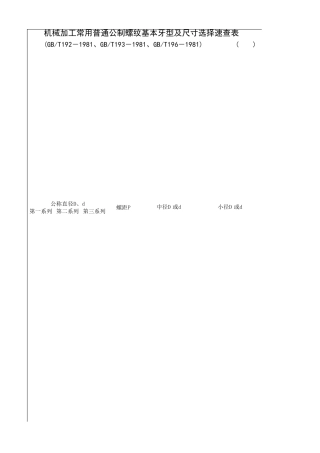 机械加工常用普通公制螺纹基本牙型及尺寸选择速查表