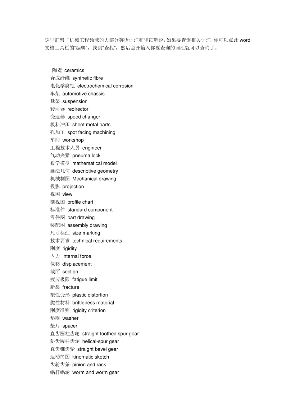机械工程英语翻译常用专业词汇_第1页