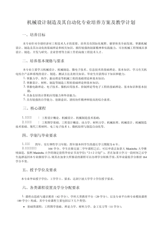 机械设计制造及其自动化专业培养方案及教学计划