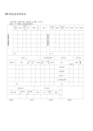 企业成本管理表格汇总
