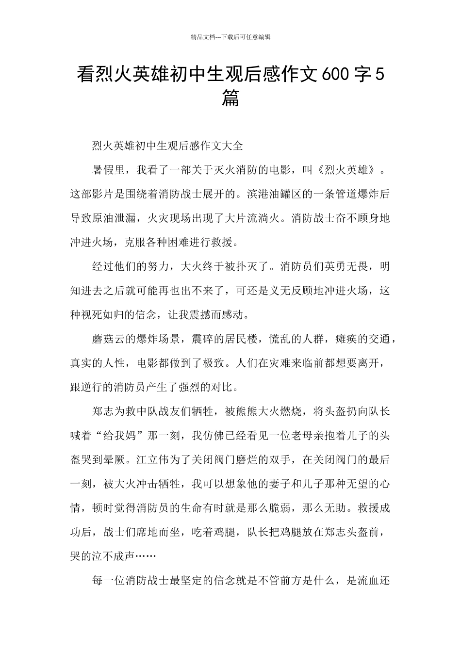 看烈火英雄初中生观后感作文600字5篇_第1页