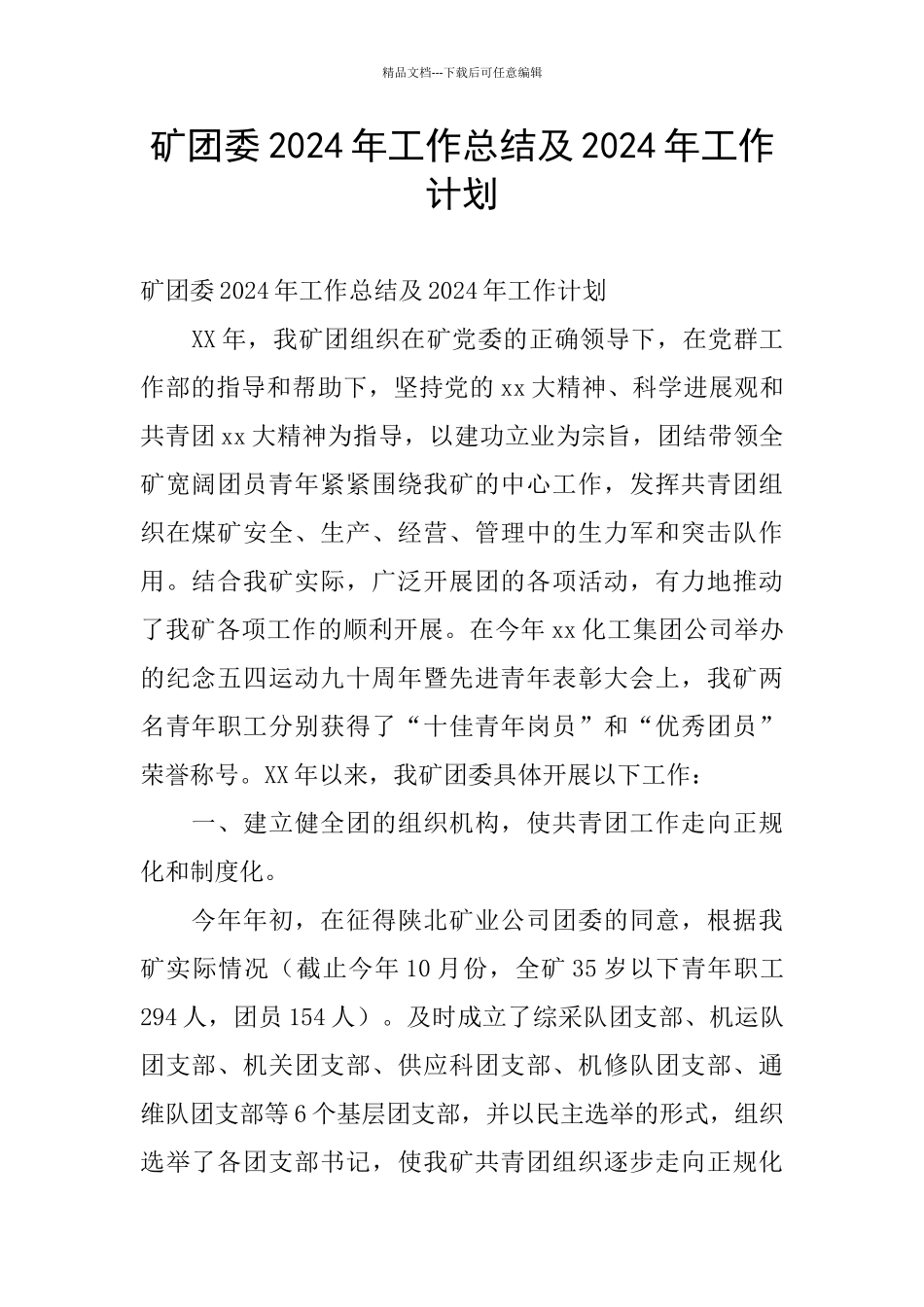 矿团委2024年工作总结及2024年工作计划_第1页