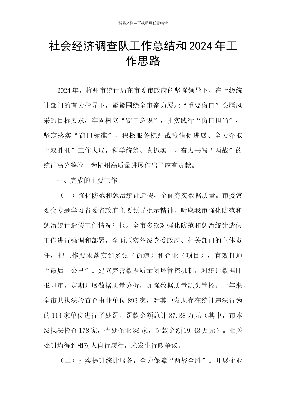 社会经济调查队工作总结和2024年工作思路_第1页