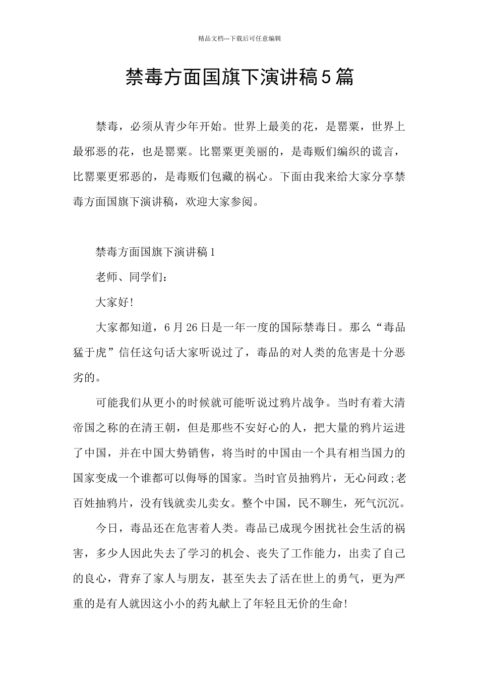 禁毒方面国旗下演讲稿5篇_第1页