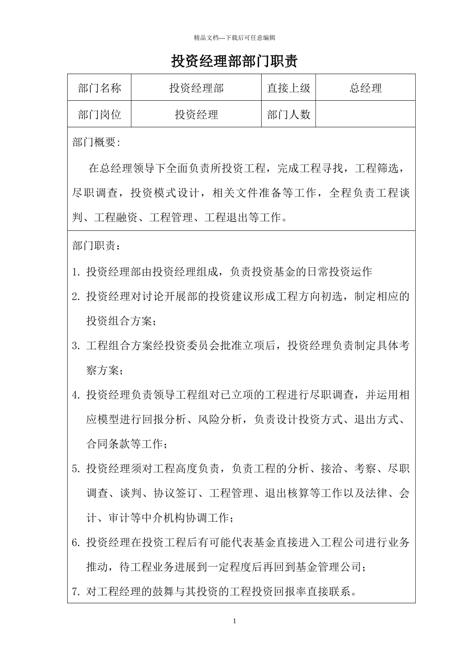 私募投资公司部门划分与职责_第1页