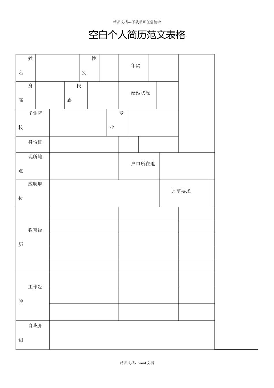 空白个人简历范文表格_第1页