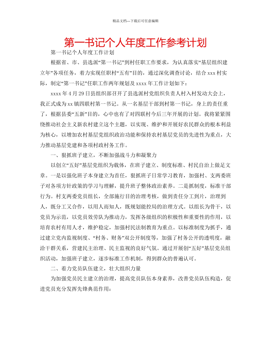 第一书记个人年度工作参考计划_第1页