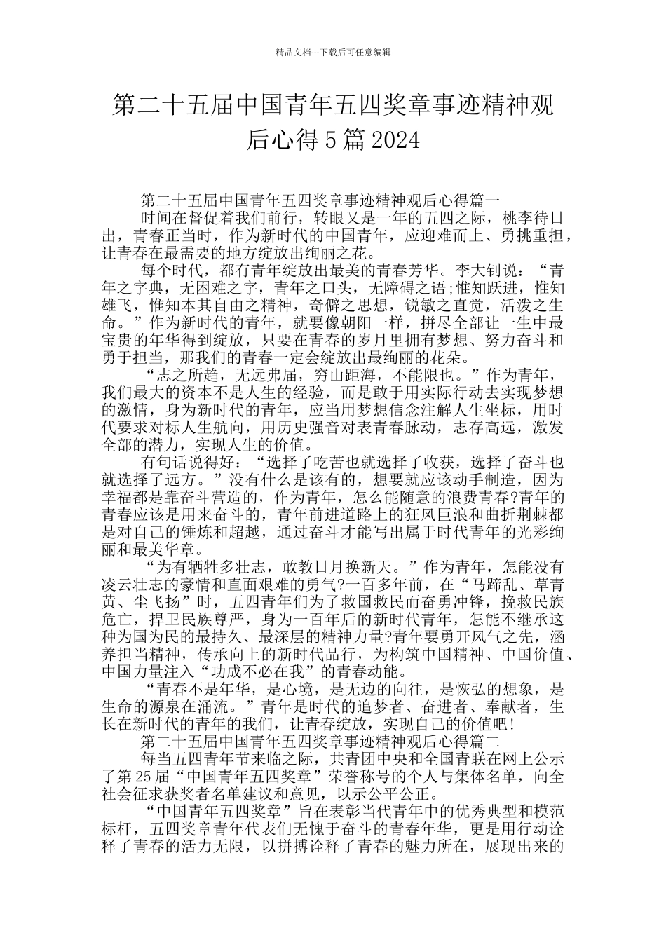 第二十五届中国青年五四奖章事迹精神观后心得5篇2024_第1页