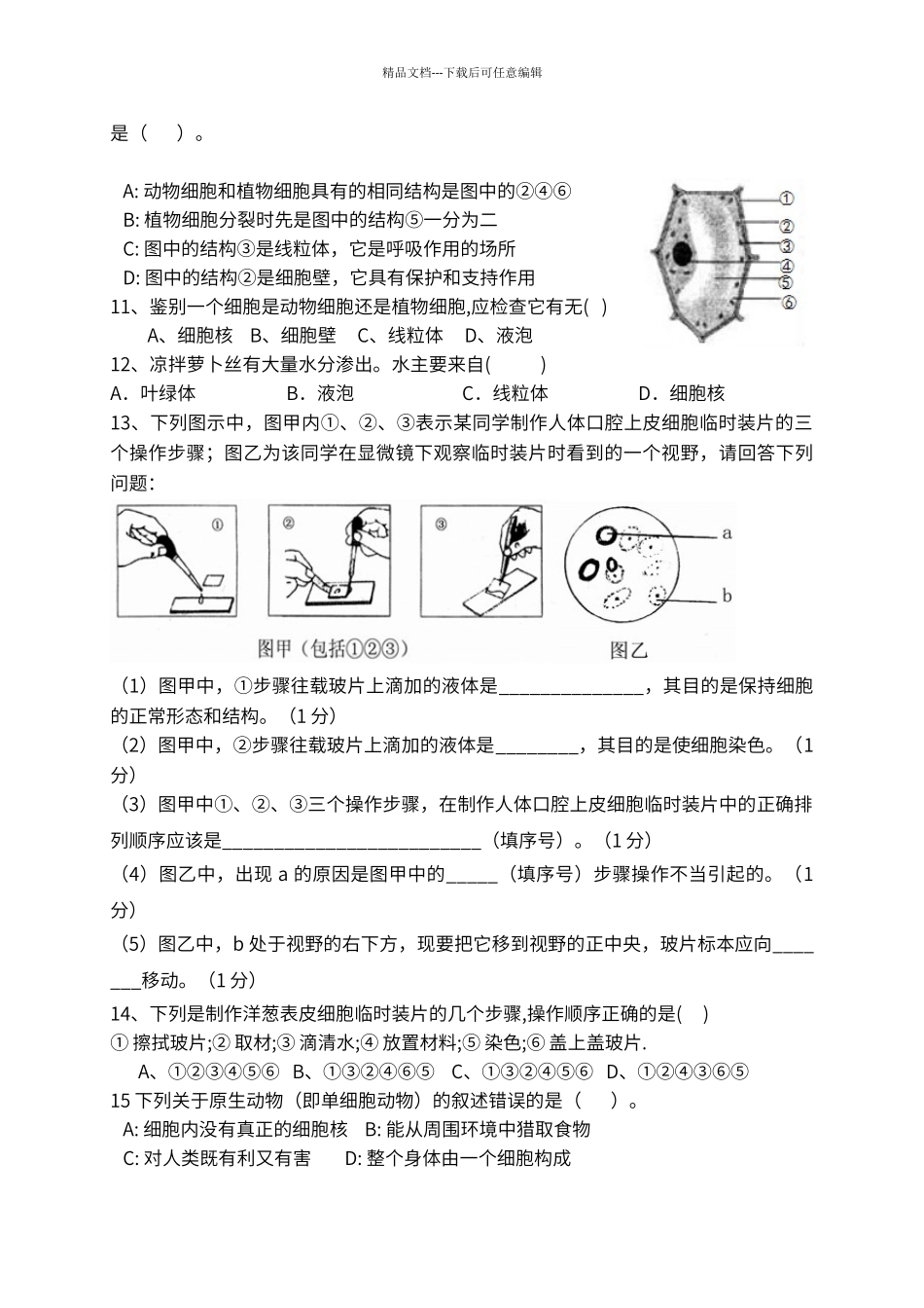第二单元--生物体的结构层次--测试题_第3页