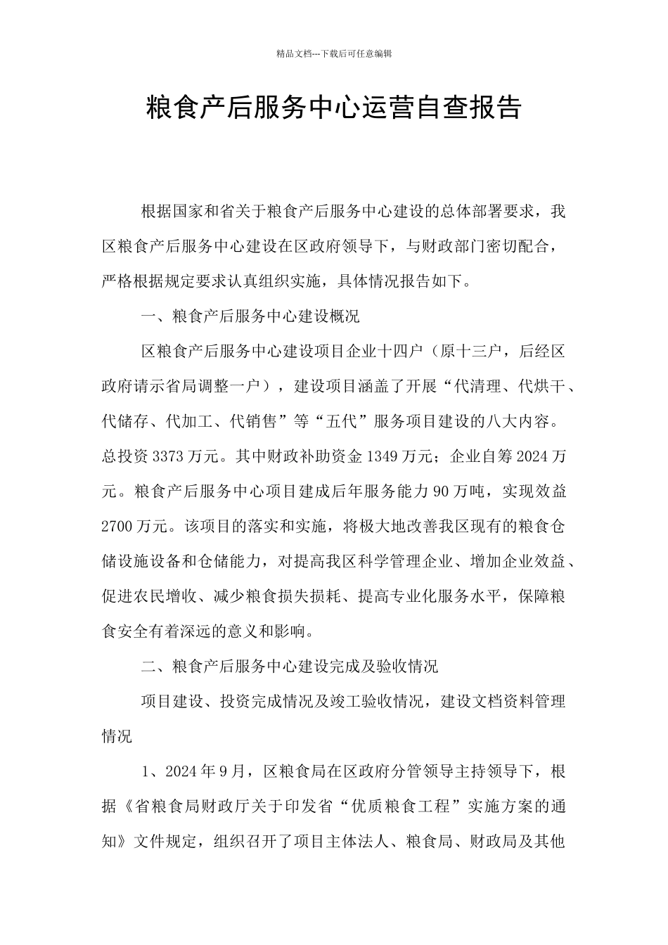 粮食产后服务中心运营自查报告_第1页