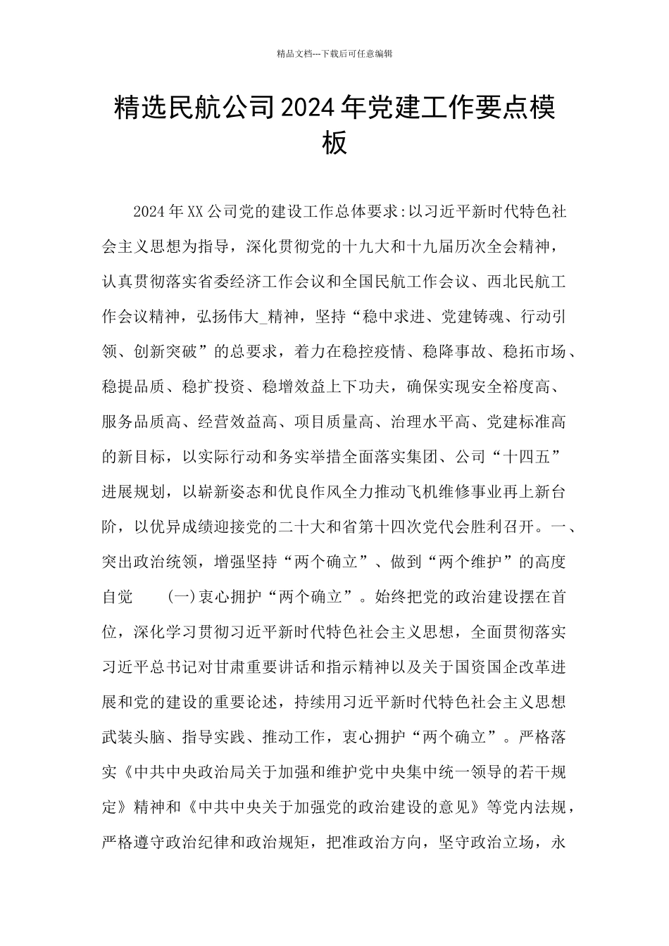 精选民航公司2024年党建工作要点模板_第1页