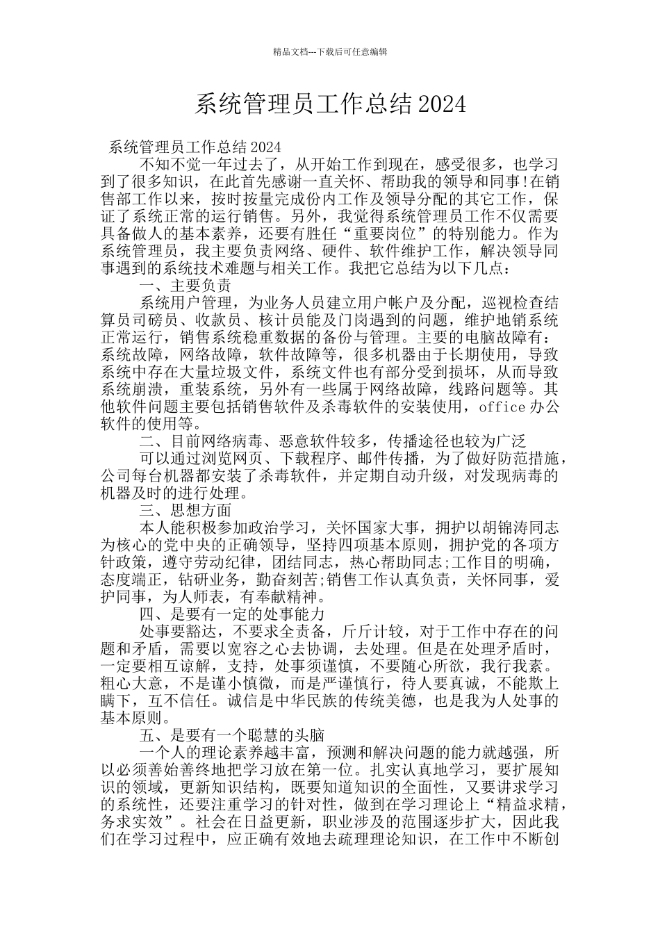 系统管理员工作总结2024_第1页