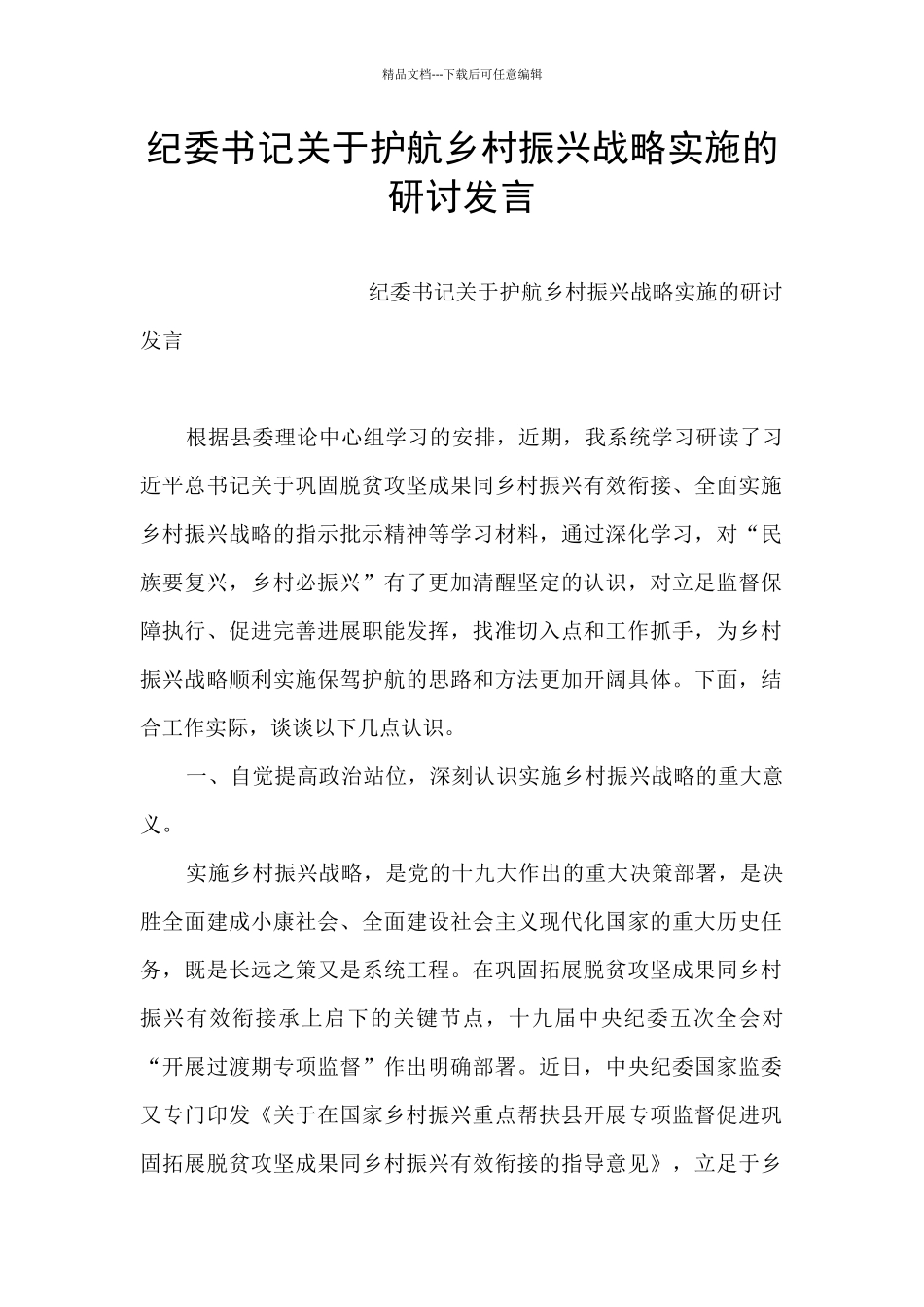 纪委书记关于护航乡村振兴战略实施的研讨发言_第1页