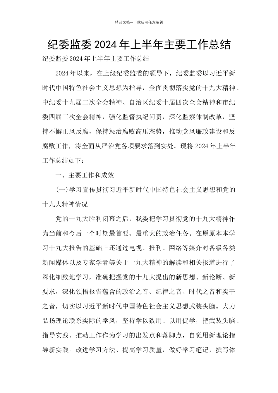 纪委监委2024年上半年主要工作总结_第1页