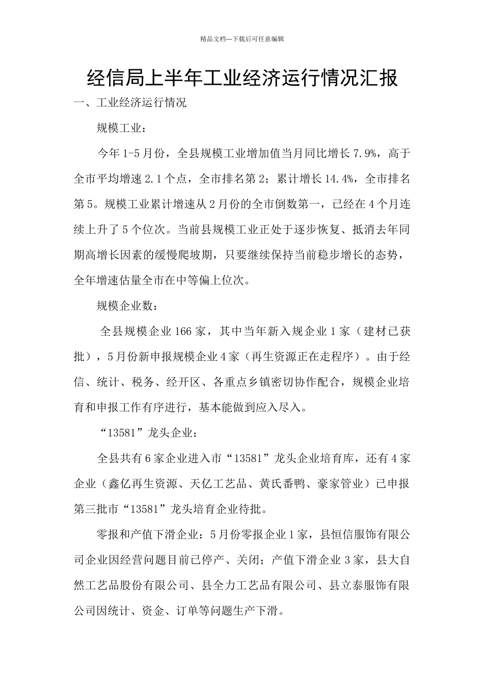 经信局上半年工业经济运行情况汇报_第1页