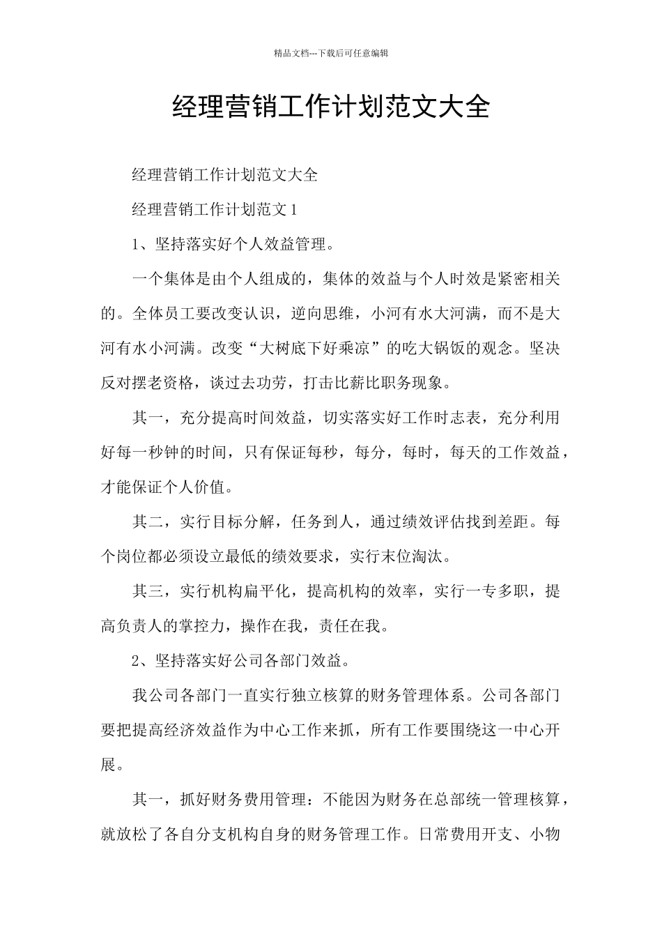经理营销工作计划范文大全_第1页