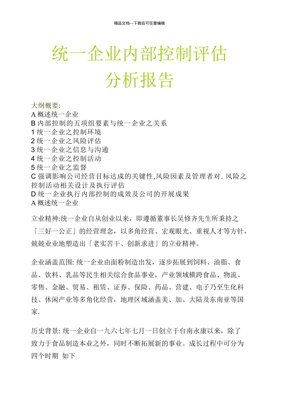 统一企业内部控制评估分析报告_第1页
