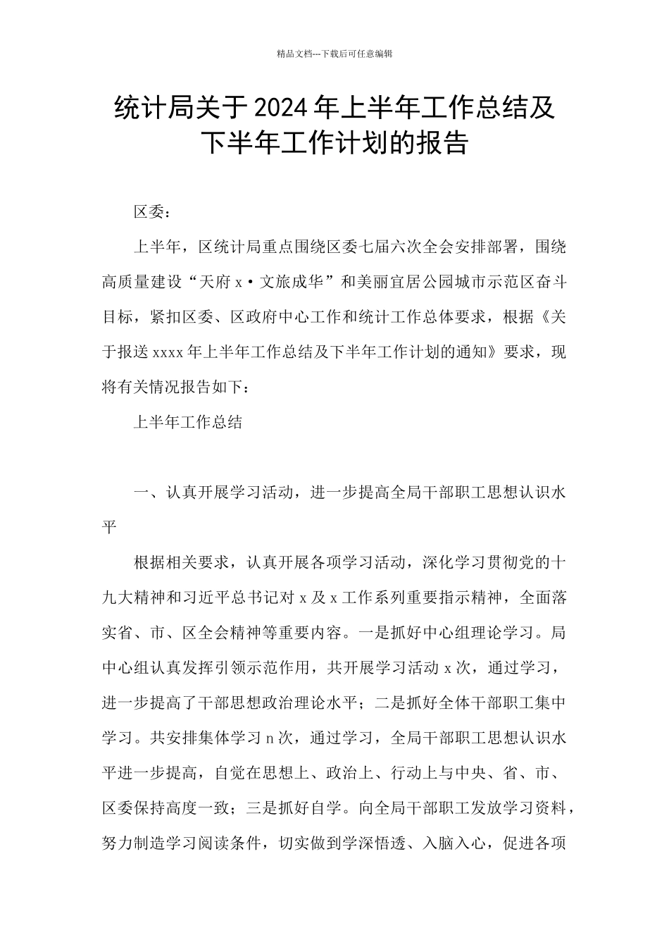 统计局关于2024年上半年工作总结及下半年工作计划的报告_第1页