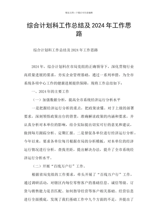 综合计划科工作总结及2024年工作思路