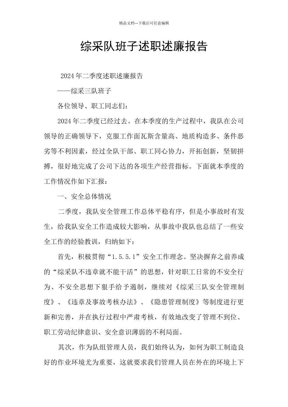 综采队班子述职述廉报告_第1页