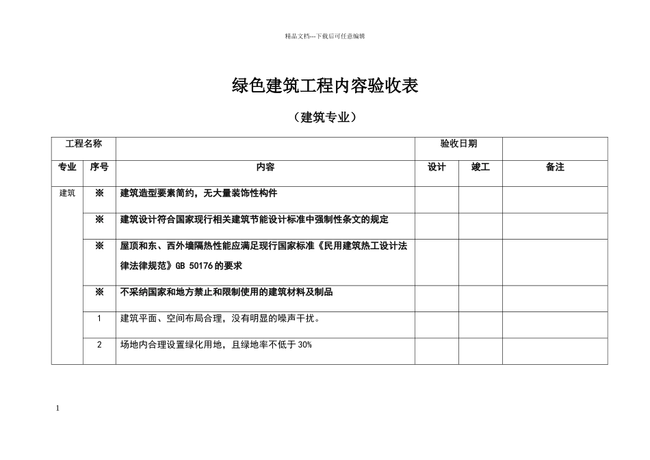 绿色建筑工程内容验收表_第1页