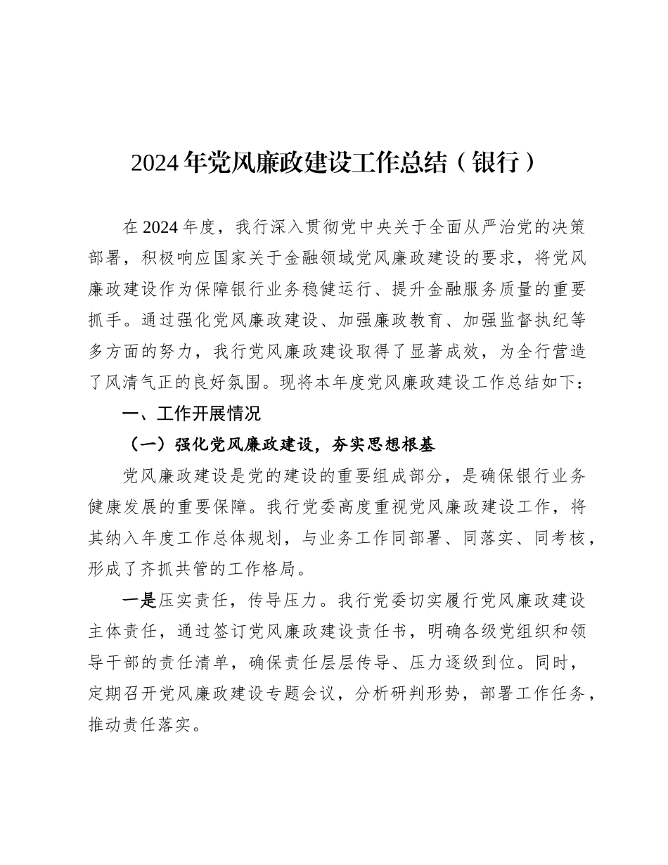 2024年党风廉政建设工作总结（银行）_第1页