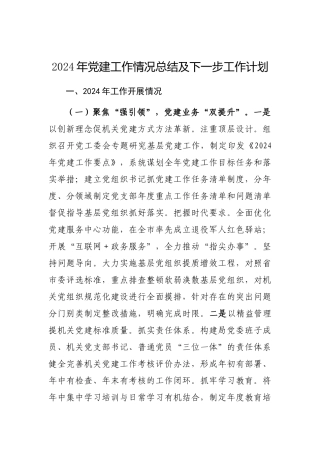 2024年党建工作情况总结及下一步工作计划（区级）