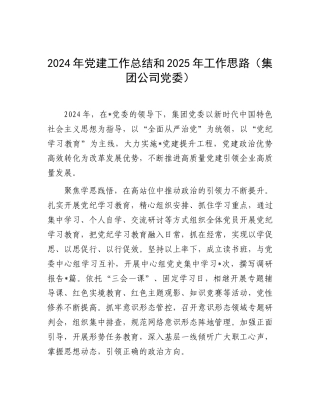 2024年党建工作总结和2025年工作思路（集团公司党委）