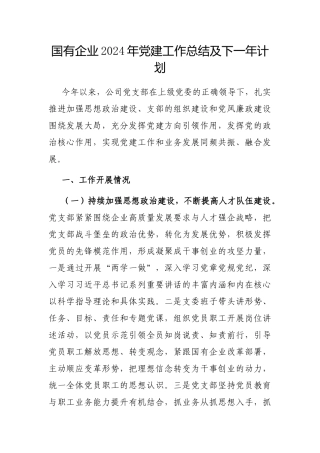 2024年党建工作总结及下一年计划（国有企业）