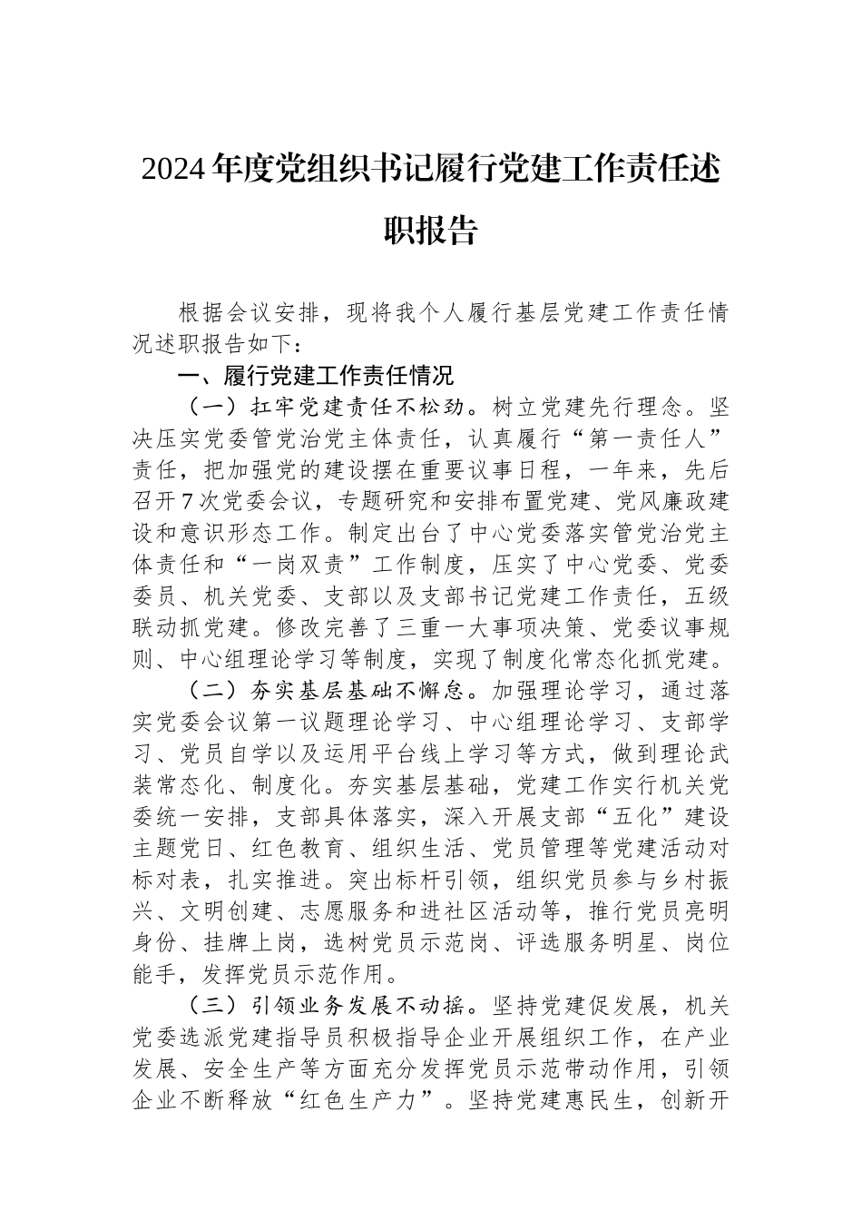 2024年度党组织书记履行党建工作责任述职报告_第1页