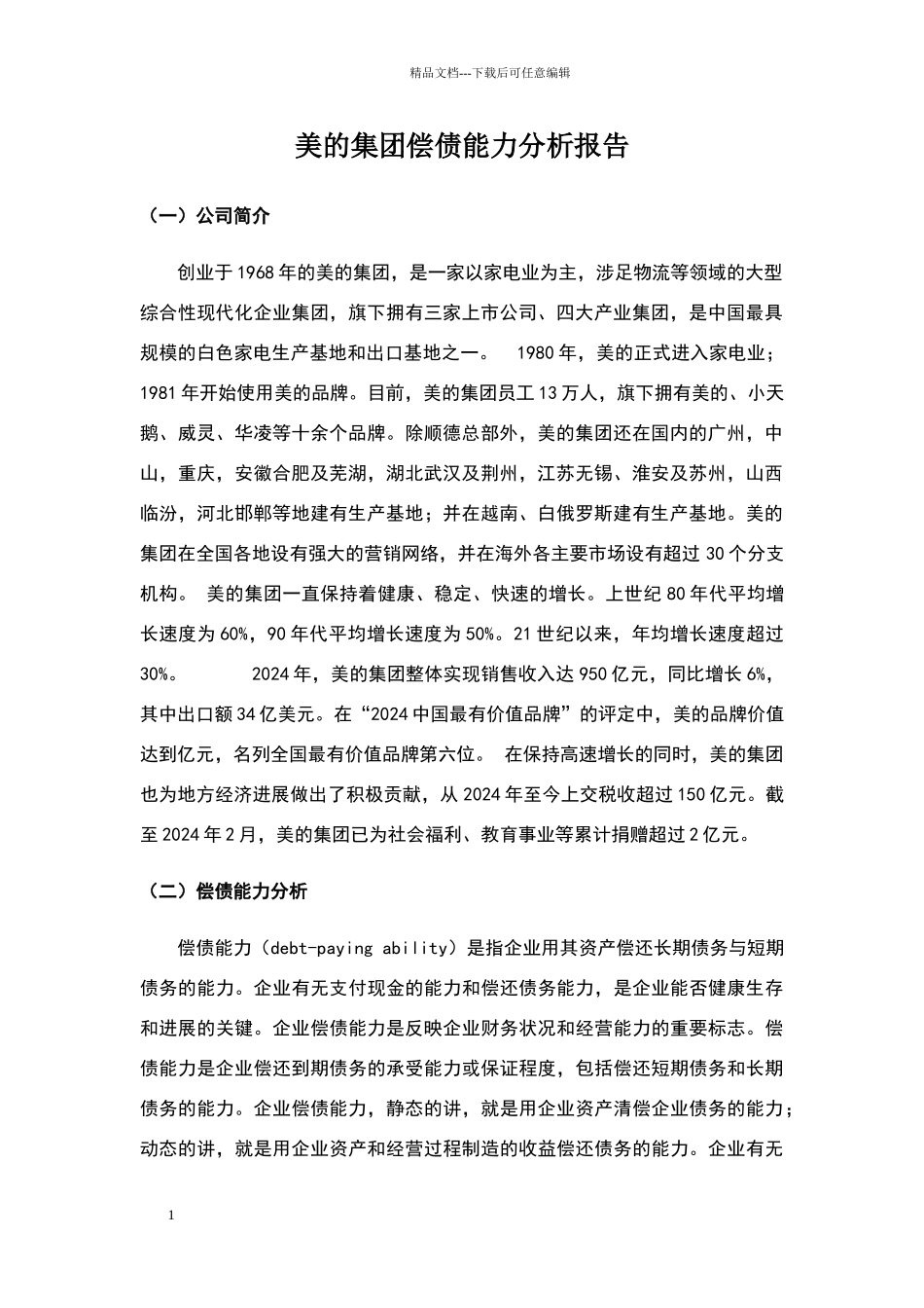 美的集团偿债能力分析报告_第1页