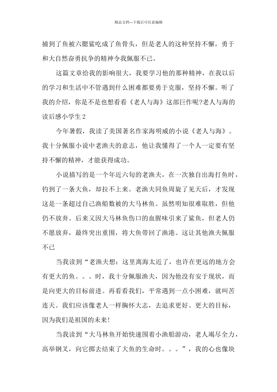 老人与海的读后感小学生_第2页