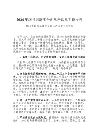 2024年副书记落实全面从严治党工作报告