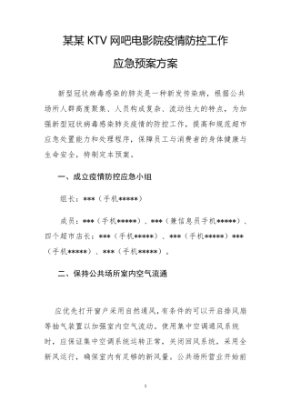 某某KTV网吧卡拉OK电影院疫情防控工作应急预案方案