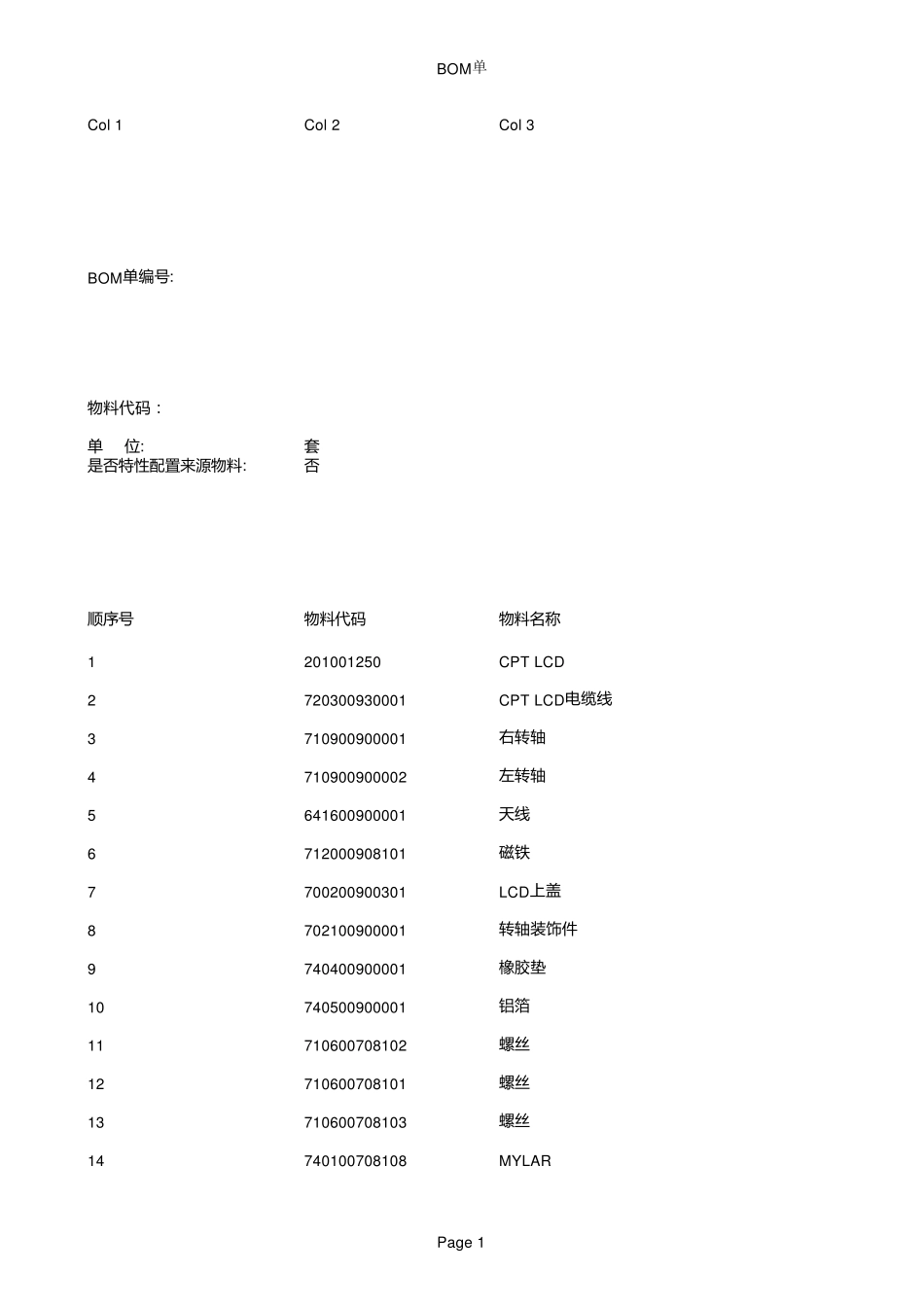 某科技公司笔记本BOM表平板电脑笔记本BOM_第1页