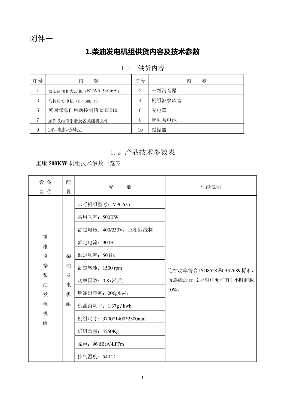 柴油发电机组供货内容及技术参数_第1页