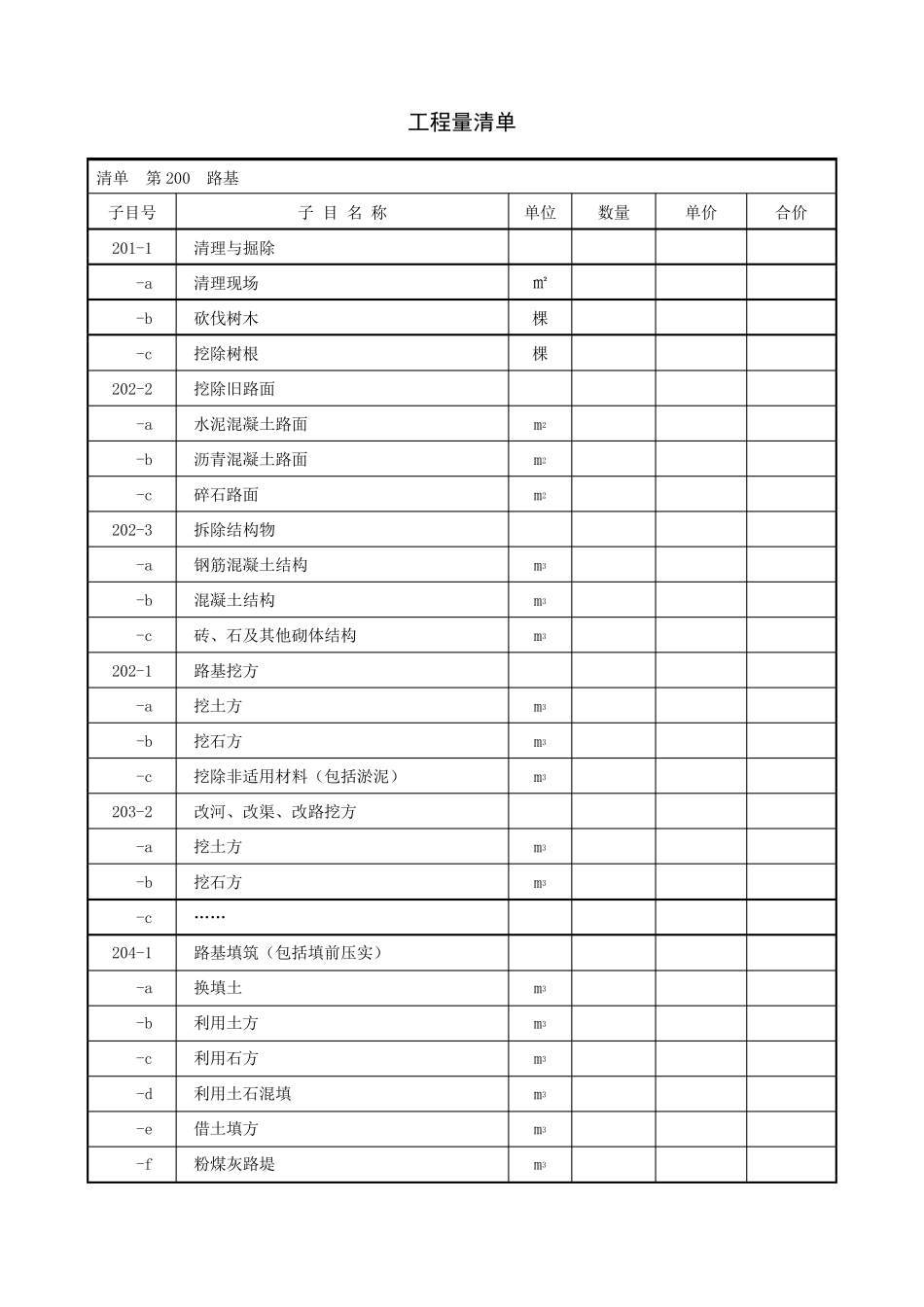 标准工程量清单(细目编号)公路工程_第2页