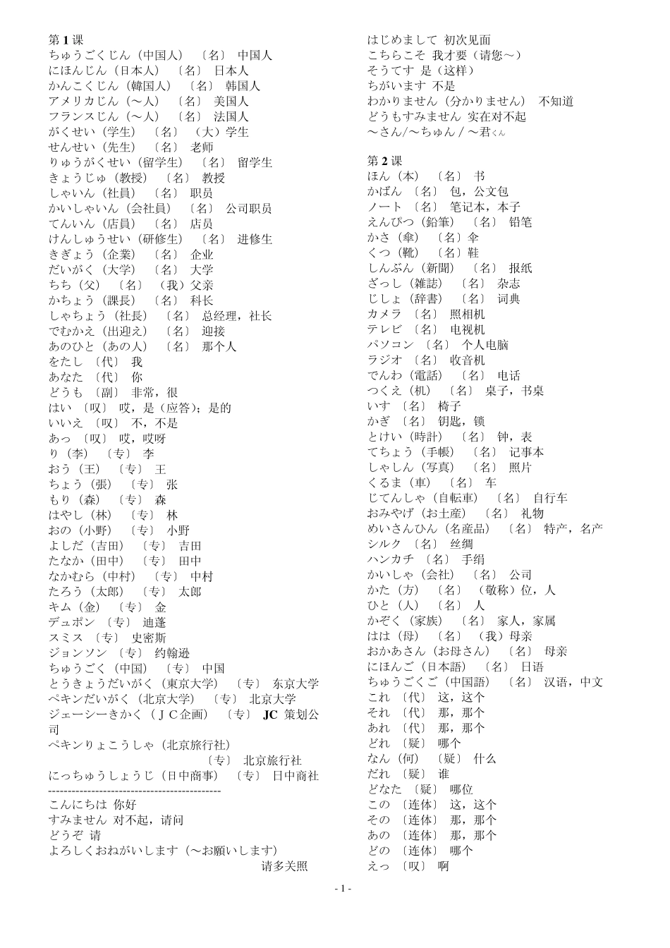 标准日本语初级课文词汇(上下册)_第1页