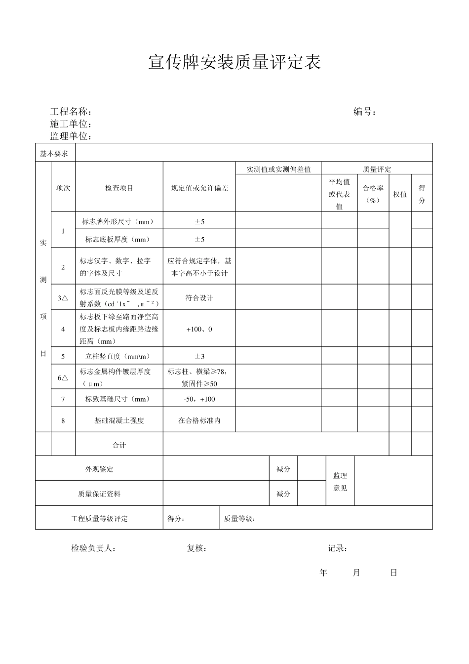 标志牌安装质量评定表_第1页