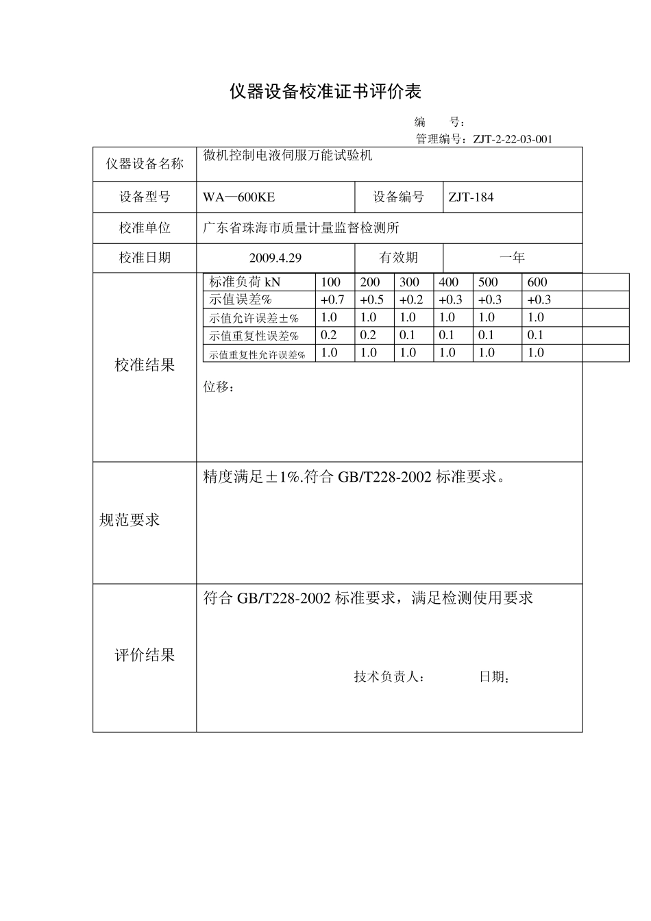 校准证书评价表_第1页