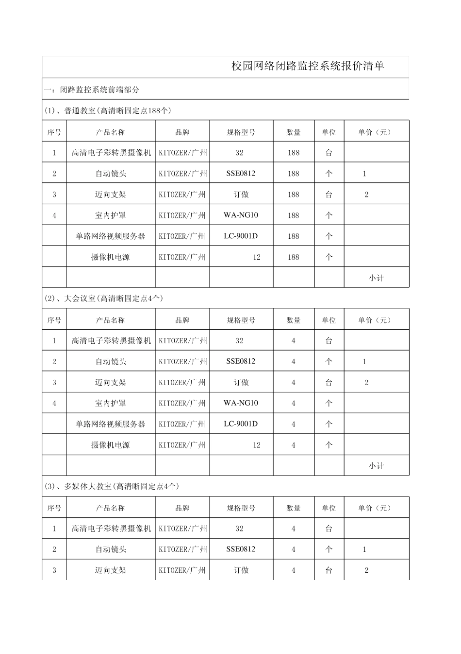校园网络闭路监控系统报价清单_第1页