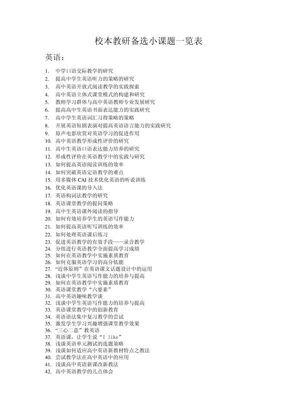 校本教研备选小课题一览表_第1页