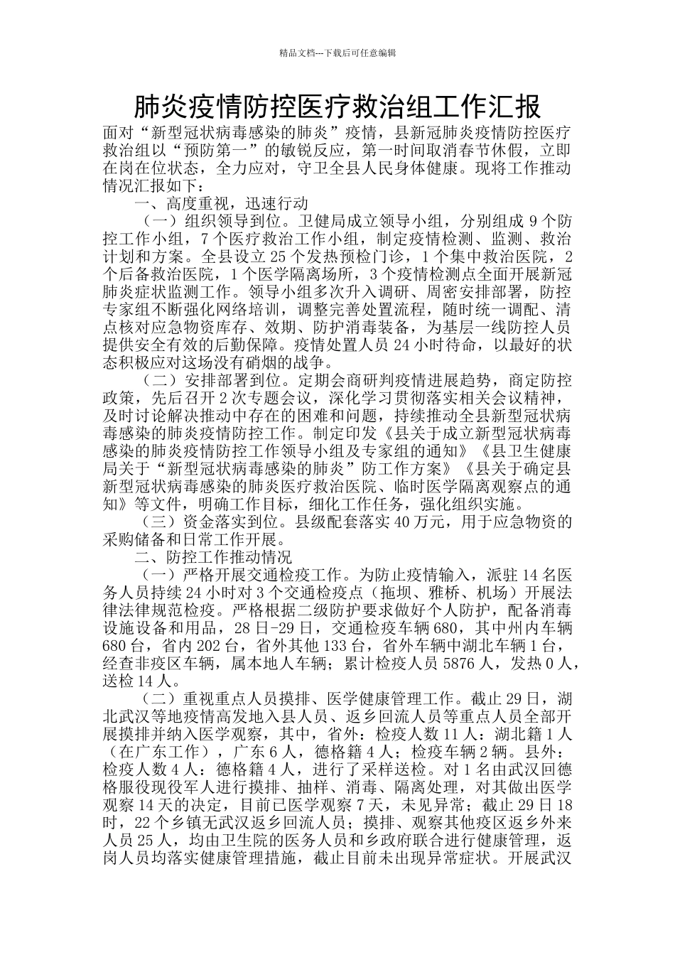 肺炎疫情防控医疗救治组工作汇报_第1页