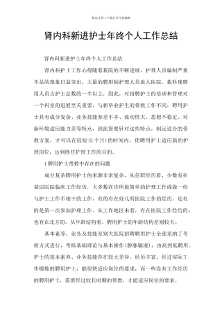 肾内科新进护士年终个人工作总结