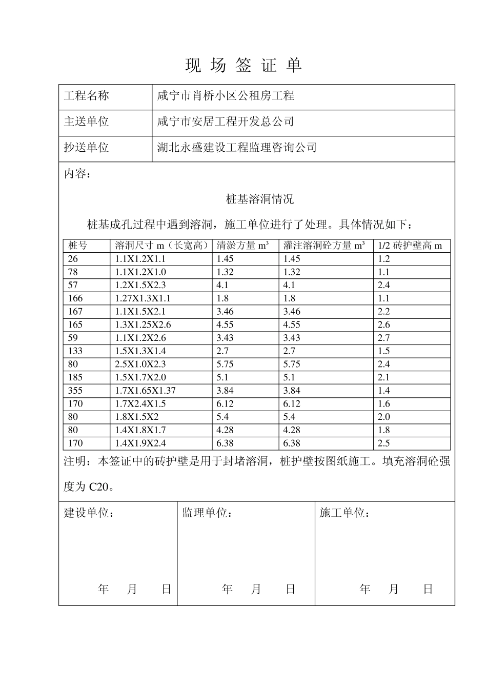 桩基溶洞现场签证单_第1页