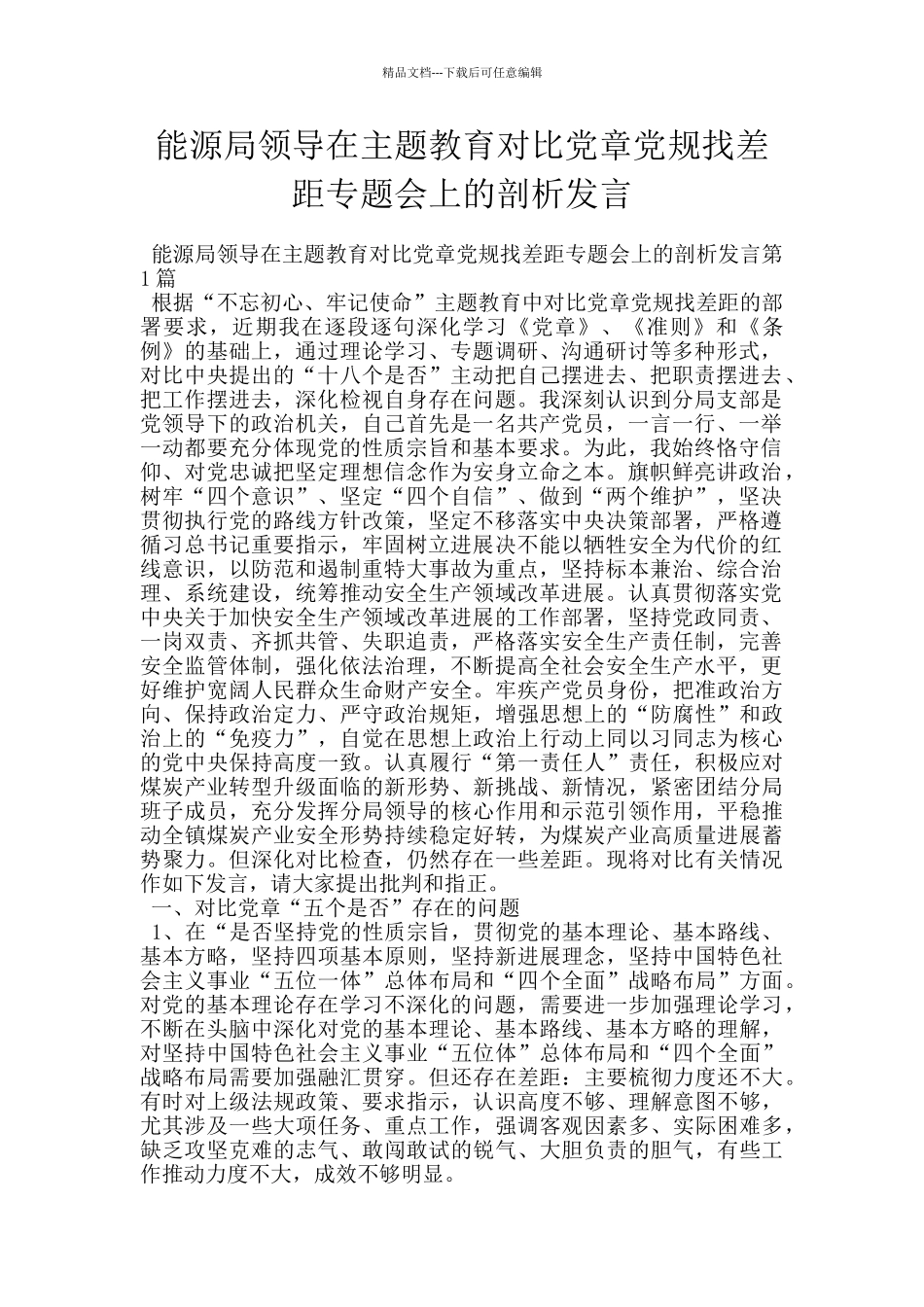 能源局领导在主题教育对照党章党规找差距专题会上的剖析发言_第1页