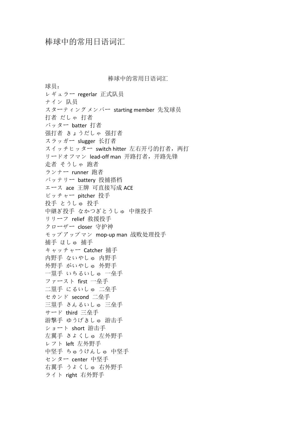 棒球中的常用日语词汇_第1页