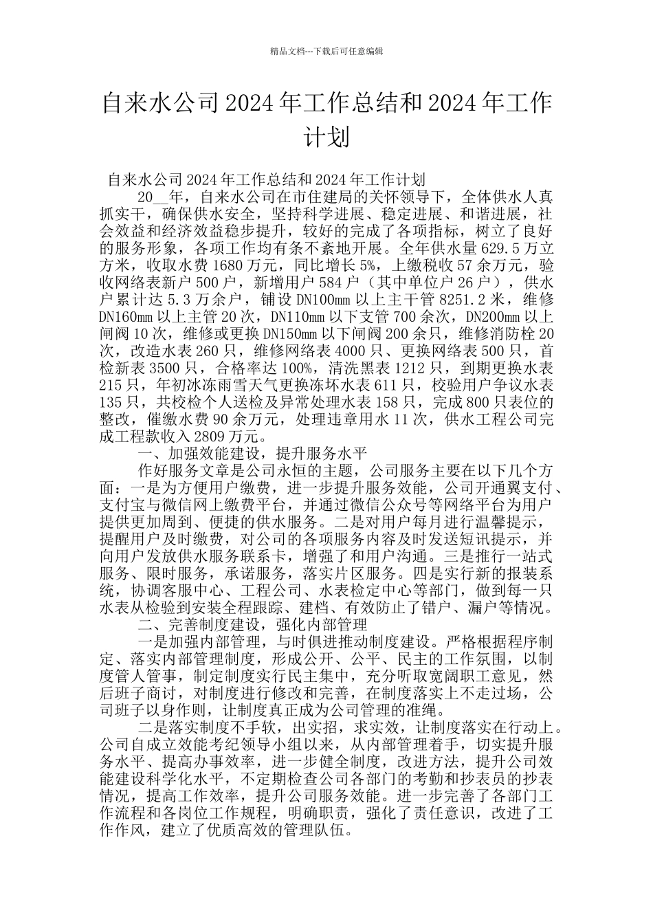 自来水公司2024年工作总结和2024年工作计划_第1页