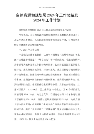 自然资源和规划局2024年工作总结及2024年工作计划